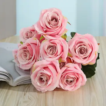 10 Глави Изкуствени Цветя Рози Букет за Шаферка Копринени Фалшиви Цветя за 