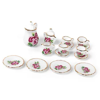 15 парчета Порцелан чай Куклена къща миниатюрни продукти на Китайската розовата чаша, прибори