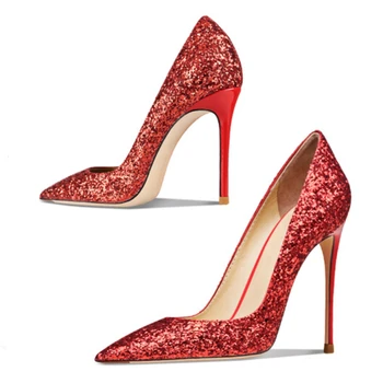 2023 Модни обувки-лодка Пролетни дамски червени обувки на висок ток-висок ток с остър пръсти без обков от изкуствена кожа, ежедневни дамски обувки, размер на 45, сватбени обувки