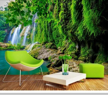 Papel de parede Планински водопад зелен свеж 3d тапети на стенописите, хол телевизия стени спалня тапети начало декор