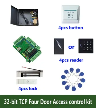 RFID 32-битов комплект за контрол на достъп, TCP четырехдверный контрол на достъпа + powercase + магнитна ключалка тегло 180 кг + четец идентификатор + бутон + 10 идентификационните етикети: kit-T403
