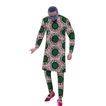 Анкара Принт Африка Повод Мъжки Комплекти Дълга Риза Кръпка Еластичен Колан Панталони Мъжки Нигерийски Модерен Потник + Панталон