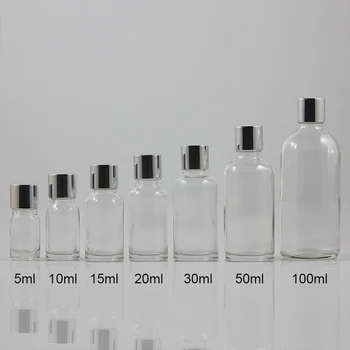 бутилка с помпа етерично масло 5 мл с пластмасов капак filp вътрешна pulg с блестящи сребърни капак