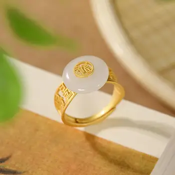 Вдъхновен от дизайна на нов златно покритие с инкрустирани естествени хотанский нефрит кръгло открито пръстен елегантен чар дамски сребърни бижута