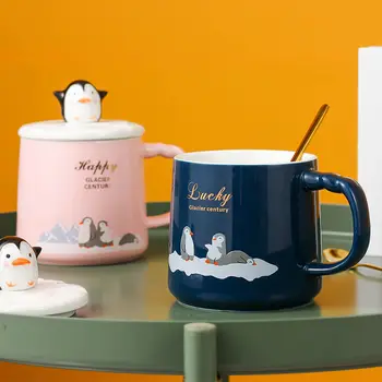 Висококачествена термостойкая чаша с изображение на пингвин, кафе с мляко, керамична чаша, Прибори за напитки, цветен мультяшная чаша с капак, офис подарък
