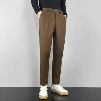 Вълнени мъжки Ежедневни Панталони Есен-Зима Нова Мода Директен Приятелка Топло Мъжки Бизнес Официалната Облекло, Панталони Кофейно-Сив Цвят