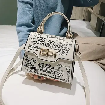 Дамски чанти, Модни дамски чанти с графити, Малка чанта с капак от Изкуствена Кожа, чанта през Рамо дамски чанти-клатч