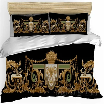 Дизайнерски пухени Versailles от Ho Me Pipi Луксозен Комплект Спално бельо от Мек Микрофибър с черен Нефрит и златен Храм