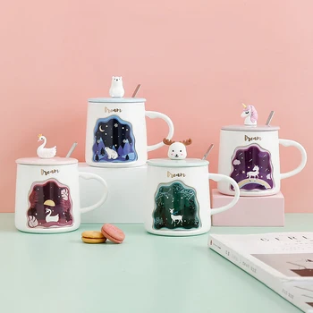 Изискана 3D чаша с изображение на животни с капак, лъжица, керамика, ръчно рисувани, лъки чаена чаша, Прибори за Напитки, Чаши Чаени Чаши, на Новост, Подаръци, млечни чаша