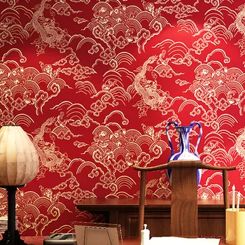 Китайски Червени Тапети С Дизайн На Дракон В Китайски Стил Класически Дзен Чайна Чайна Ресторант И Малък Ресторант Декорация Тапет