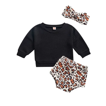 Комплект летни дрехи за новородени Момичета 0-24 М, Обикновена Върхове с кръгло деколте и дълъг ръкав + Гащета с леопардовым принтом + Превръзка на главата с лък