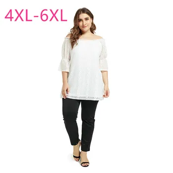 Новост 2021, летни потници размер плюс за жените, блуза голям размер, ежедневен безплатен бяла лейси риза с къс ръкав и отворени рамене 4XL 5XL 6XL