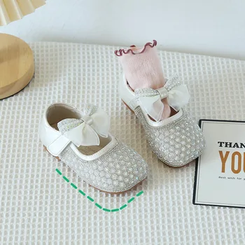От 0 до 3 години за малки и малки момичета; обувките Мери Джейн; Колекция 2022 г.; сезон лято-Есен; Сребристо-розови обувки на Принцесата С Кристали ; обувки на плоска подметка