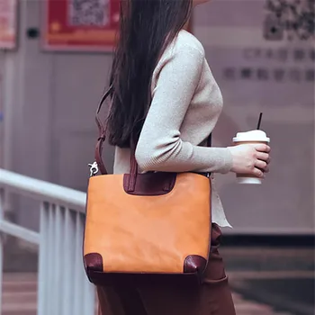 Ретро модерен топ от телешка кожа, дамски чанти-тоут, просто ежедневни градинска чанта ръчна изработка на контрастни цветове, дамски чанти-месинджър