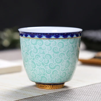 Синя и бяла порцеланова чаена чаша голям размер в цвят глазура, която е боядисана в злато, пълна с цвете, чаша, чаена чаша ретро стил, Майстор-single Чаша