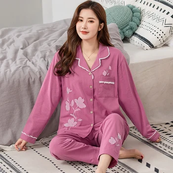 Сладка пижама от 100% памук, женски пижамные комплекти, есенни дамски пижами с дълъг ръкав, пижами, дамски домашни дрехи M-4XL