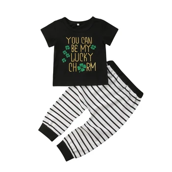 Тениска за малки момичета и момчета, тениска + Дълги Панталони на райета, Комплект дрехи, Размер 0-24 м
