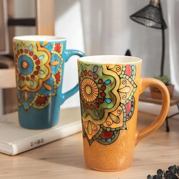 Традиционен Стил на Чаша Слънцето Цвете Художествен Модел Керамични Чаши 500 мл Голям Капацитет на Кафе Чаша Мляко За Закуска Творчески Подарък Чаша