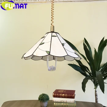 ФУМАТ Регулиране на еластичен Окачен лампа от витражного стъкло Tiffany в европейски стил E14 LED Leaf Кратък лампа Кратък окачен Лампа