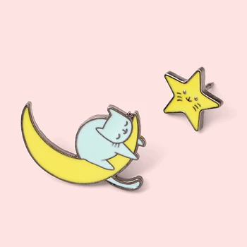 Эмалевые Брошки Малка Звезда на Луната Котка Сънливи Иконата на Kawai Карикатура на Животните Мода на Ревера на Genka Подарък за Приятелите на Децата си